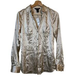 White House Black Market Satin Silk blend Button Up Shirt size 4 Gold NWT